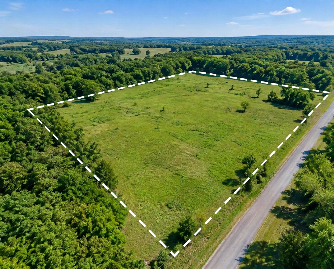 Open meadow beside a country road with illustrative white dashed parcel boundaries