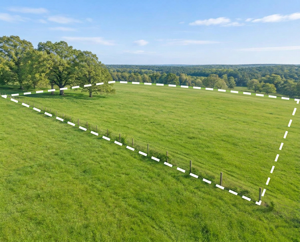 Pasture behind a wooden fence with illustrative white dashed parcel boundaries